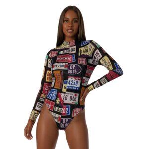 DAY G Retro Y2K License Plate Print Sheer Zipper Bodysuit Leotard - Rare Pop Art